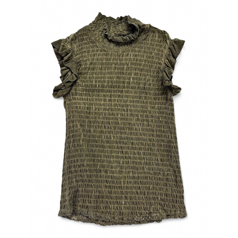 POL Smocked‎ Ruffle Mock Neck Top S — Olive Crinkle Blouse